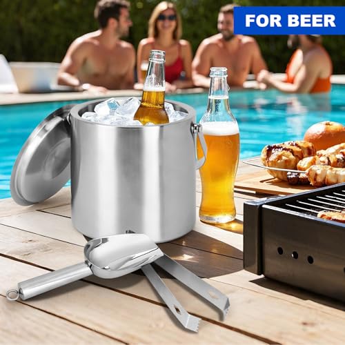 3L Double Wall Stainless Steel Ice Bucket with Lid, Scoop & Tongs - Portable