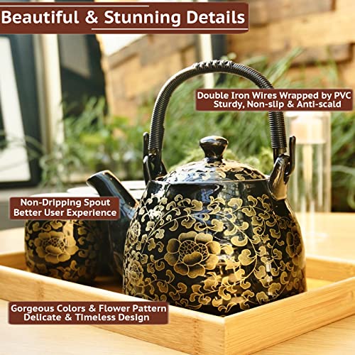 La Belle Vie Black Porcelain Tea Set with 6 Cups & Infuser – Elegant 6-Person Kitchenware