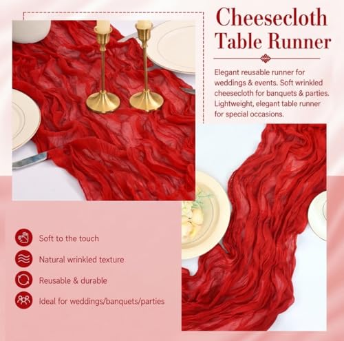 GRYSERIN 2-Pack Red Cheesecloth Table Runner 17x108in | Gauze Linen Strap Wedding Rustic