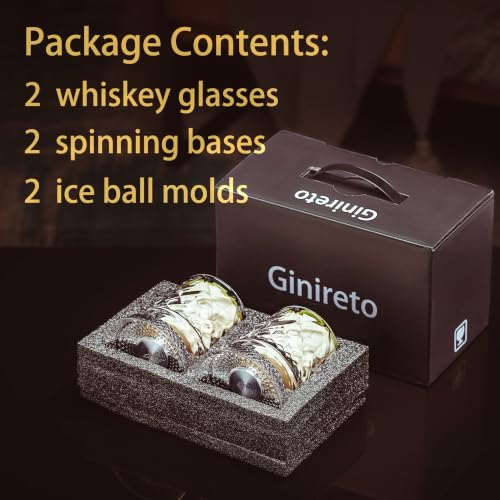 Ginireto Pattern A Spinning Whiskey Glasses Set of 2, 9.5oz Lead-Free with Ice Molds & Gift Box