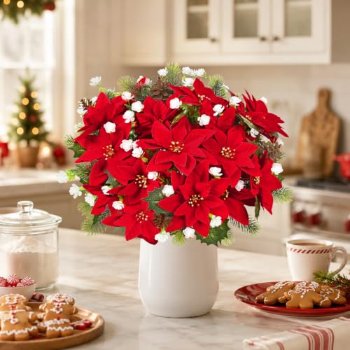 Waipfaru 9-Pack Poinsettias Flowers - 14'' Red Velvet Faux Christmas Bushes for Outdoors