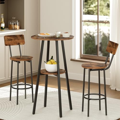 3-Piece Industrial Round Bar Table and Stools Set with Backrests