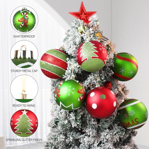 Lanpn 6Pcs 6" Extra Large Outdoor Christmas Ornaments – Red & Green Glitter Ball Decorations
