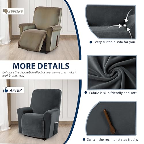 Stretch Recliner Chair Cover with Pockets - Dark Grey Velvet Protector
