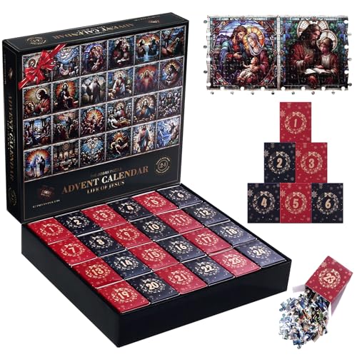 Rideomon Christmas Advent Calendar Puzzle 2026 - 1008 Piece Stained Glass Jesus Life, 24 Days Holiday Countdown, Family Decor - Christmas A