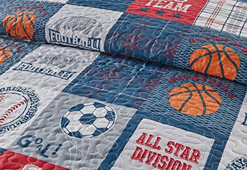 Sports Patchwork Bedspread Set, Kids Basketball Soccer Full/Queen Quilt
