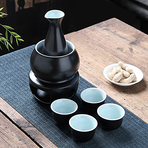 Ceramic Sake Set with Warmer Pot - 8-Piece Traditional Hot Cold Drink Set