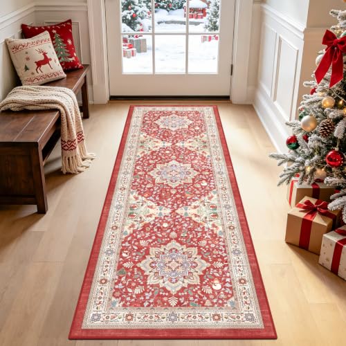 nesrt Boho Christmas Runner Rug 2x6Ft Red Holiday Non-Slip Washable Hallway