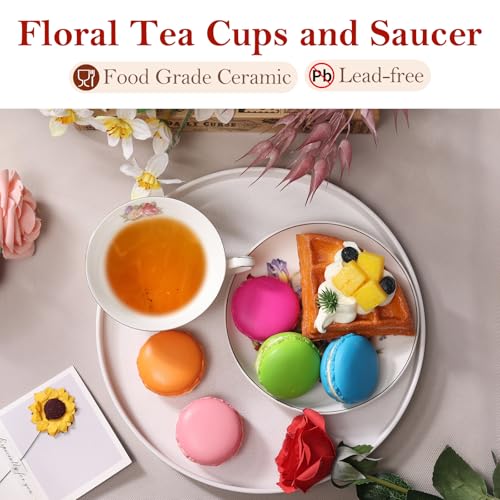 Alarrar White Camellia 10 OZ Bone Porcelain Tea Cup & Saucer Set for Coffee & Tea