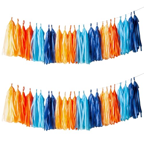 Blue and Orange Tissue Paper Tassel Garland - 20 Piece DIY Party Banner