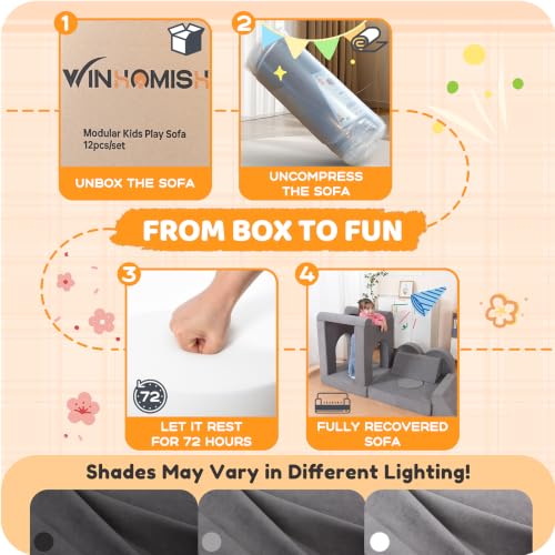 12-Piece Modular Kids Play Couch, Grey Soft Foam Toddler Sofa