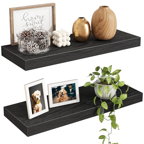 Black Floating Wall Shelves - Set of 2, 15.7 Inch Wood Storage Display Shelves