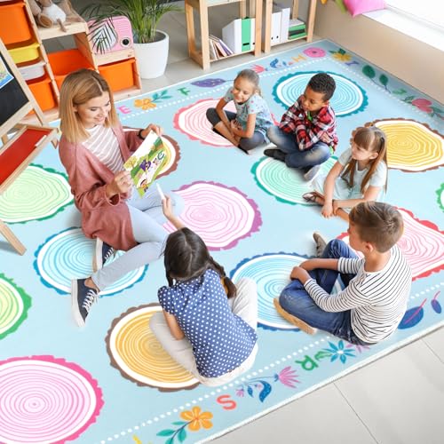 Large Classroom Area Rug 7.6x12 Ft - Non-Slip Geometric Seating Carpet