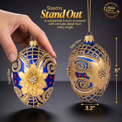 Polish Handmade Faberge Egg Christmas Ornaments Balls Sapphire Matte 5in