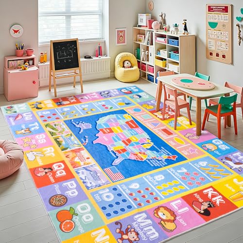 Educational Kids Playroom Rug, 3x4 ft Non-Slip ABC Alphabet & World Map Mat
