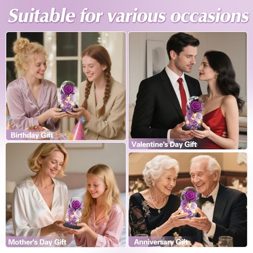 Preserved Purple Rose in Glass Dome with LED Lights, Romantic Gift for Her