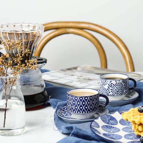 Vintage Blue Selamica 2.5 Oz Ceramic Espresso Cups with Saucers & Metal Stand - Set of 4