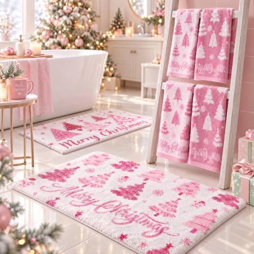 Moukeren Pink Christmas Tree Bathroom Set with Rugs & Hand Towels - Non-Slip, Absorbent Holiday Decor