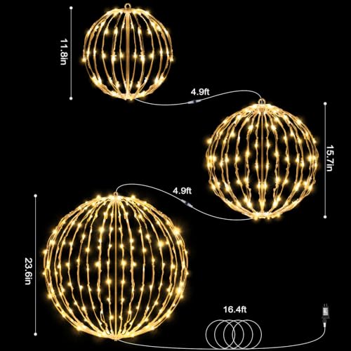BSTGE 3-pack Outdoor Christmas Light Balls - Warm White, 8 Modes, Foldable