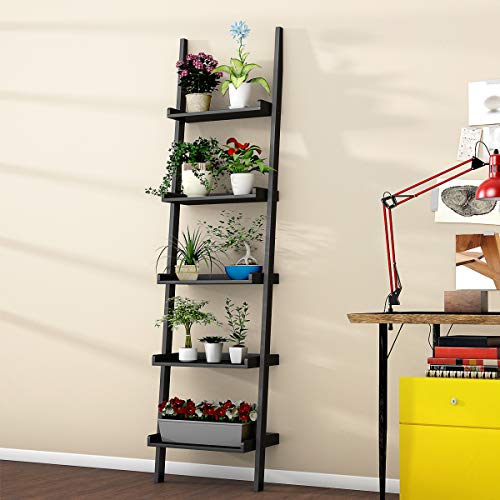 5-Tier Wood Ladder Shelf, Modern Leaning Display Rack for Home & Office