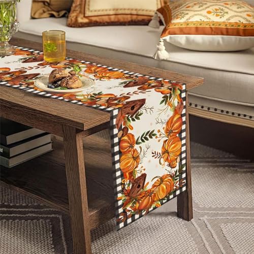 Farmhouse Thanksgiving Table Runner 13x72 Inch with Golden Leaves – Plaid Leaf Decor