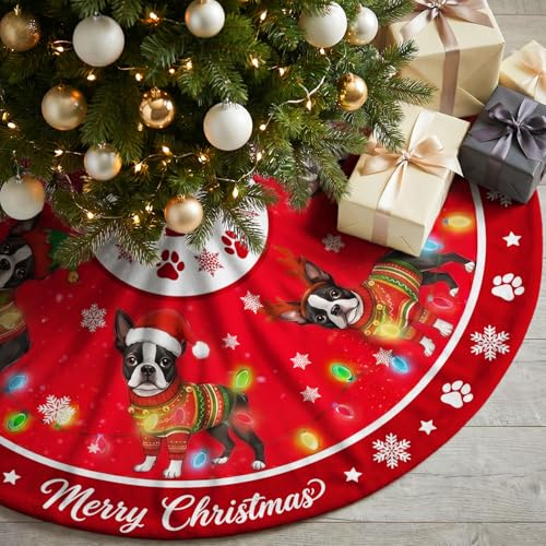 Boston Terrier Christmas Tree Skirt 48 Inch Holiday Decor for Indoor & Outdoor