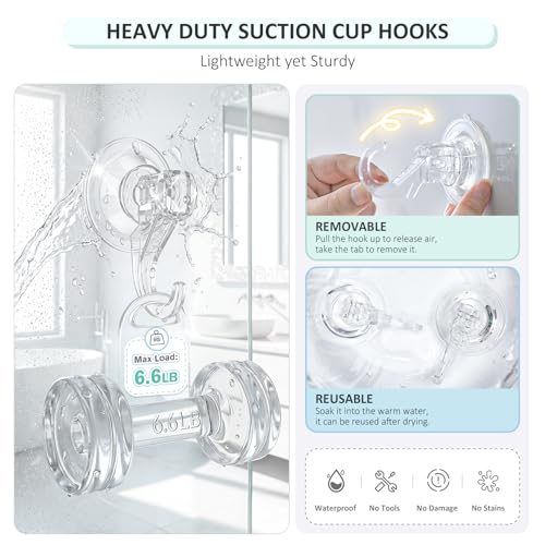 Clear Heavy Duty Suction Cup Hooks - Removable & Reusable Shower Hooks, 2 Pack