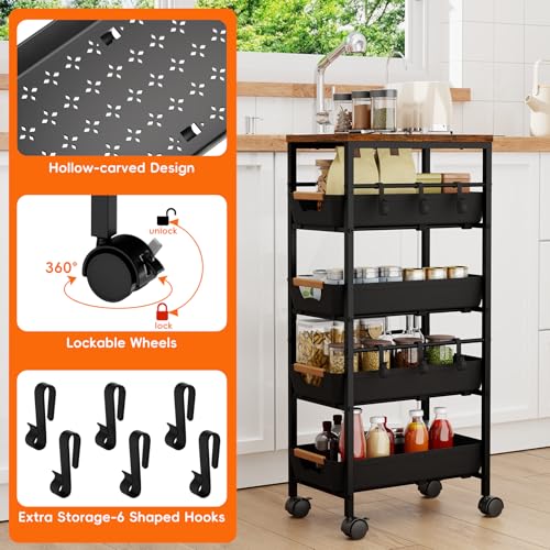 5-Tier Slim Rolling Storage Cart with Wooden Top and Pull-Out Baskets