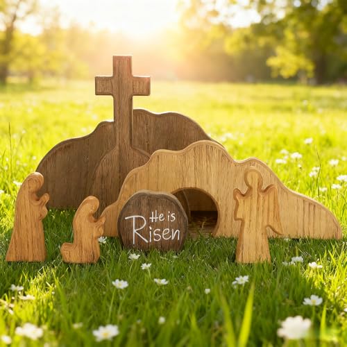 Wooden Easter Resurrection Scene Set, 7-Piece Empty Tomb Cross Tabletop Decor