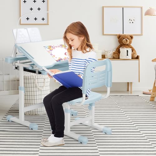 Adjustable Kids Study Desk and Chair Set with LED Lamp and Drawer