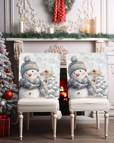 LooPoP 8 pcs Christmas Snowman Chair Covers Set Grey Stretch Dining Chair Protectors