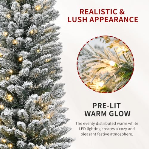 MAKEATREE 7ft Pre-Lit Slim Flocked Artificial Christmas Tree - Sectional, Warm LED Lights