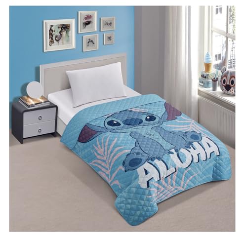 Twin Quilted Bedspread - Blue Lilo & Stitch Design, 55x75 inches