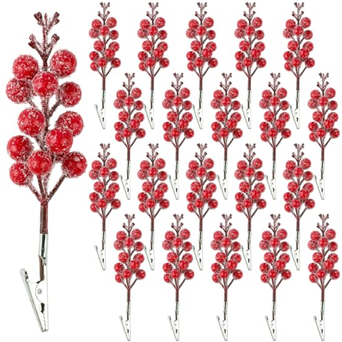 Fangoo 20Pcs Artificial Snowy Red Berry Stems with Clips – Snow Red-15berry
