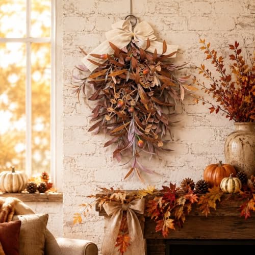 24 Inch Artificial Fall Olive Swag Teardrop Wreath with Bow for Front Door