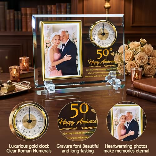 50th Wedding Anniversary Crystal Glass Photo Frame Clock for Couples