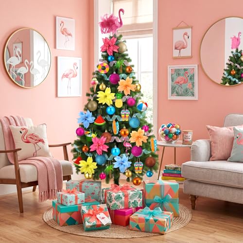 65 Pcs Tropical Summer Christmas Tree Ornaments Set with Flamingo Topper