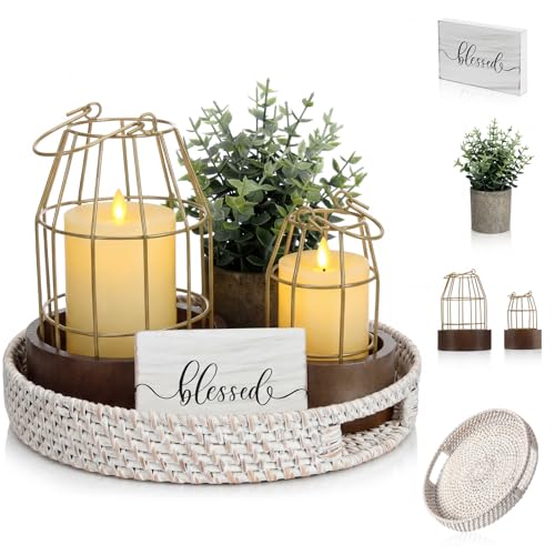 Modern Rustic Farmhouse Lantern Decor Set of 5 - Small, Gold & Burlywood, Includes Wooden Bases and Faux Eucalyptus
