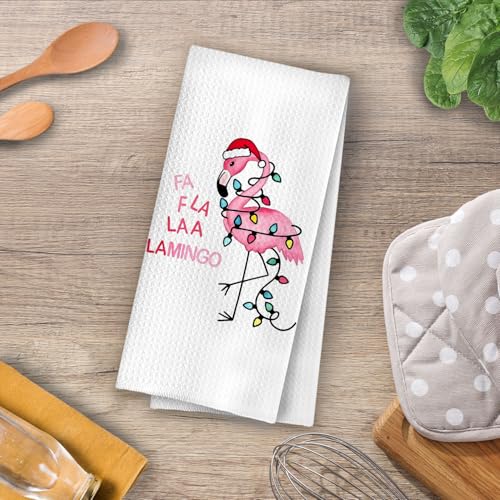 XIVENHAVM Flamingo Christmas Kitchen Towels - Pink Decorative Waffle Dish Towels, 16x24 Inch, Funny Flamingo Gift