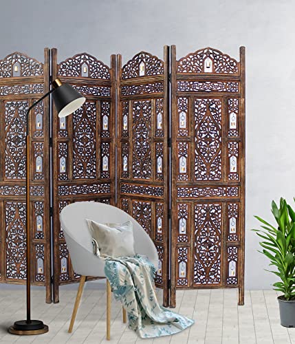 4-Panel Hand Carved Wood Room Divider, 72x80 Inch Folding Privacy Screen