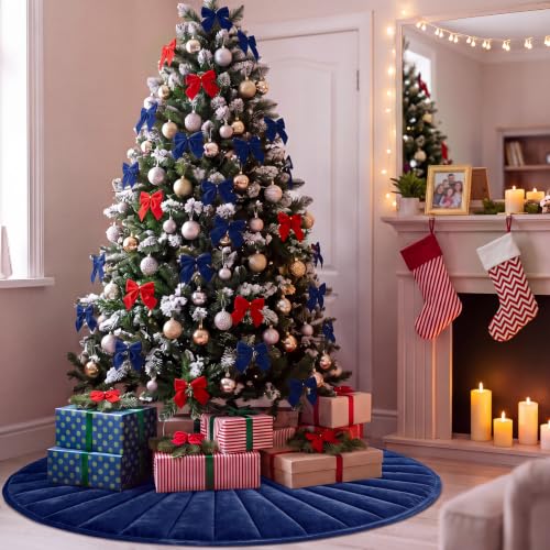 Foilswirl Navy Blue Velvet Quilted Christmas Tree Skirt 60 Inch