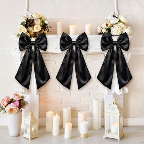 3-Pack Large Black Satin Bows - 24x12 Inch Hanging Decor for Wall & Fireplace