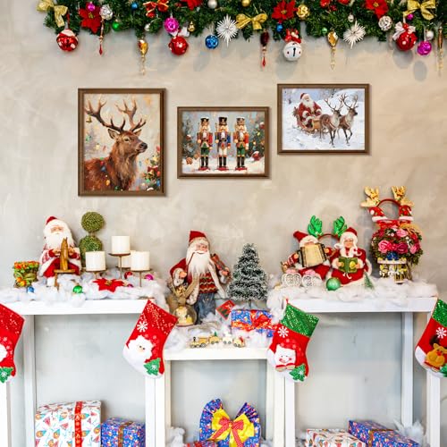 Whaline 10Pcs Vintage Christmas Wall Art Prints – Santa, Snowman & Reindeer Unframed
