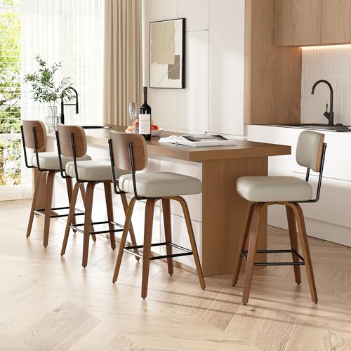26-Inch Swivel Counter Height Bar Stools, Set of 4, Faux Leather Mid-Century