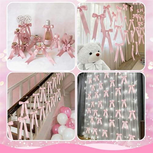 Pink Satin Bow Garland Banner (2 Pack) - Pre-Strung Coquette Room & Party Decor