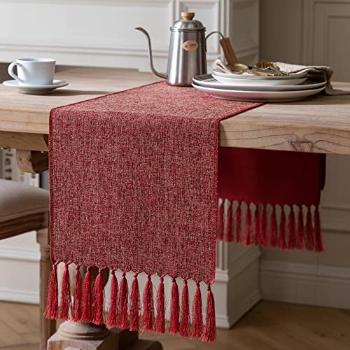 Red Burlap Table Runner 108in x 13in with Tassels - Classic Rustic Farmhouse 100% Polyester