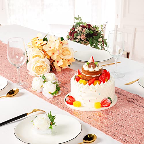 Party Tablecloth and Rose Gold Sequin Table Runner Set - Disposable 8ft Rectangular