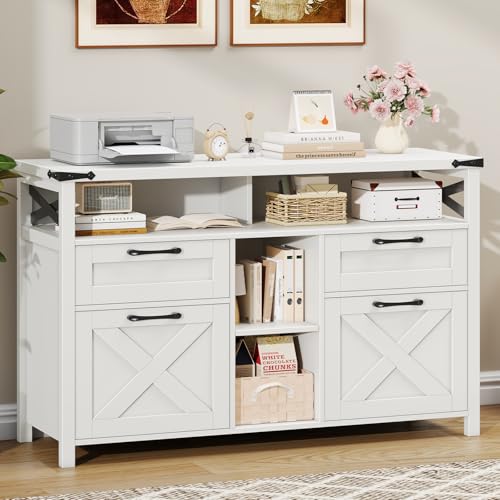 4-Drawer Farmhouse File Cabinet with Open Storage Shelf, White Office Organizer