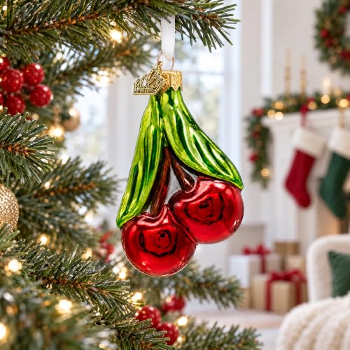 Red Cherries Glass Christmas Ornament with Green Leaves – Hand-Painted German Glass
