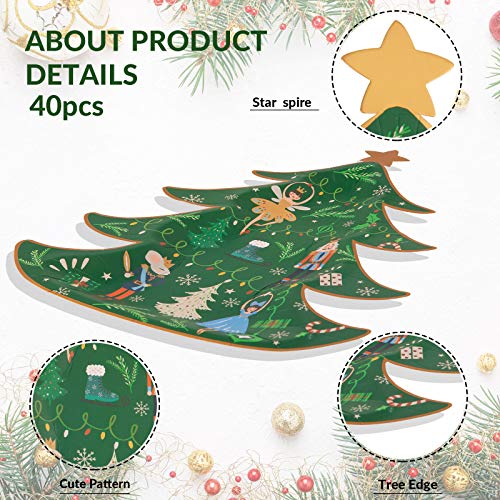 Whaline Green Xmas Tree Shape Paper Plates, 40 pcs, Gold Foil Nutcracker Holiday Party Dinnerware
